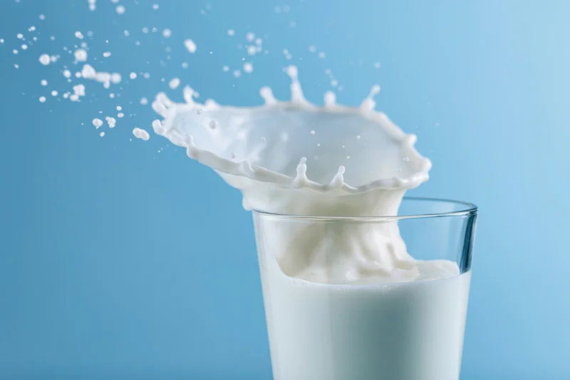 Milk splashing upward in a glass against a blue background