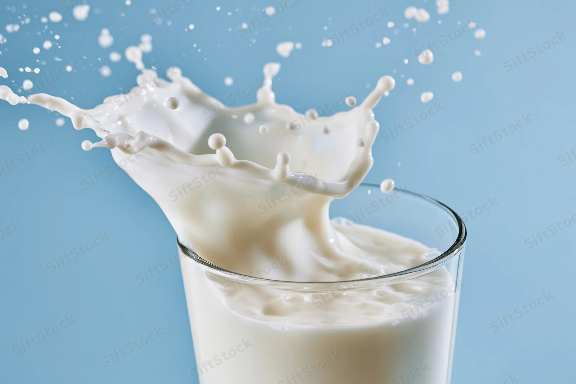 Milk splashing upward in a glass against a blue background