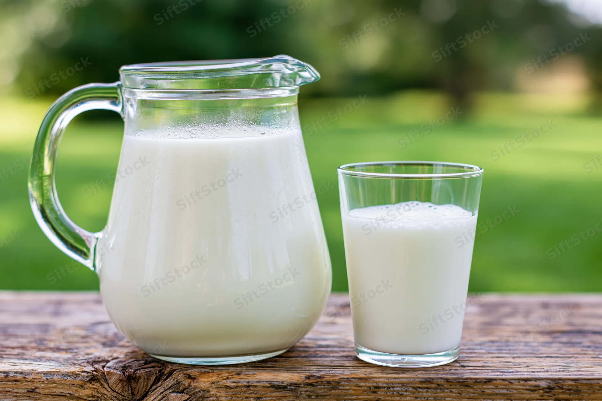 Glass pitcher and tumbler filled with milk on a wooden table outdoors