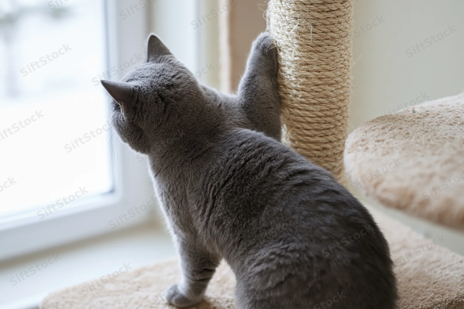 Grey british shorthair cat standing on hind legs scratching sisal post on cat tree near window
