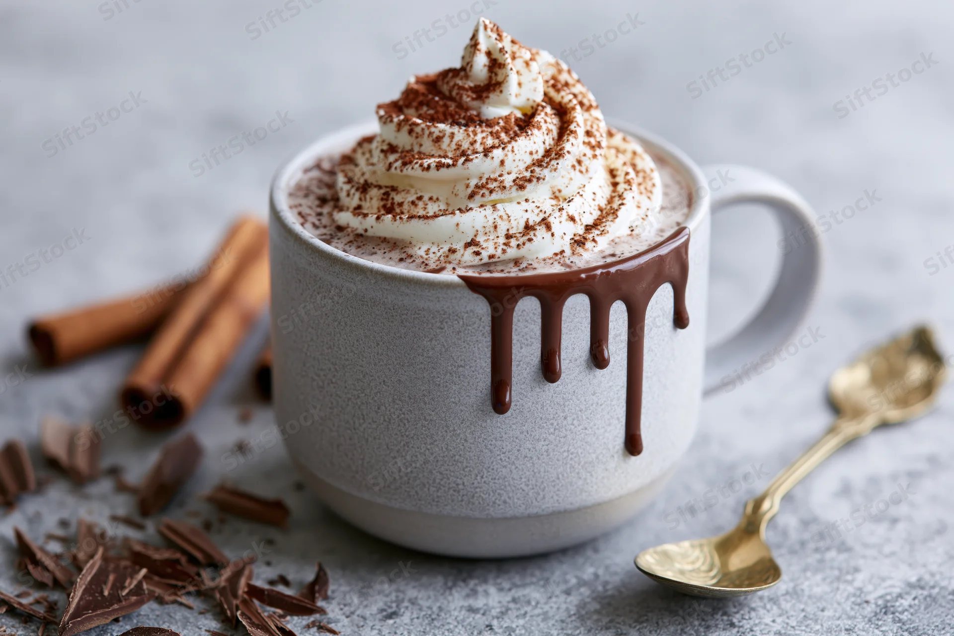 Grey ceramic mug of hot chocolate with whipped cream and chocolate drizzle on textured surface