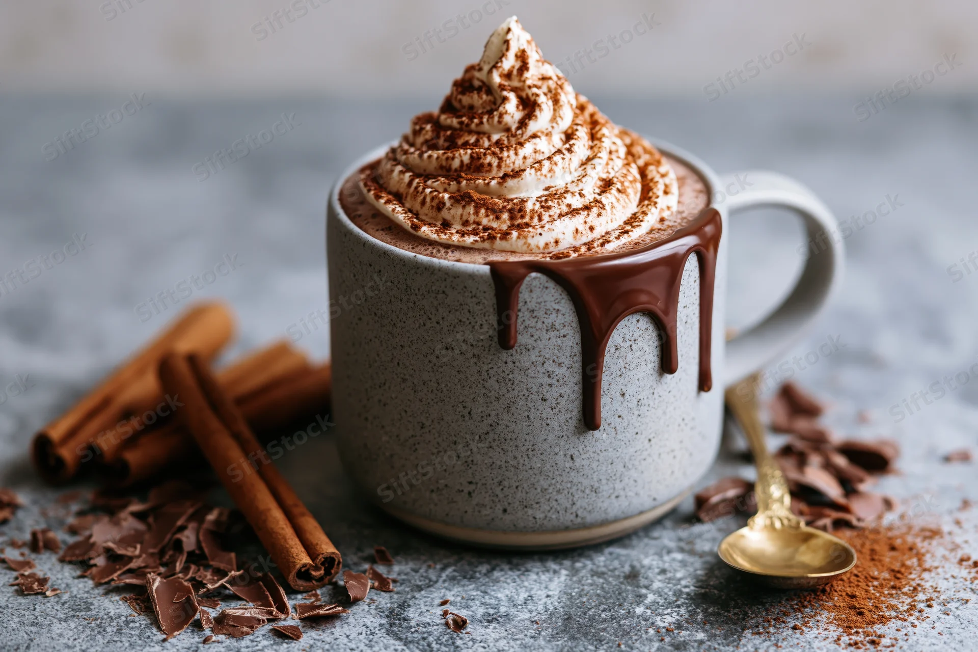 Grey ceramic mug filled with hot chocolate topped with swirled whipped cream and chocolate drizzle, surrounded by cinnamon sticks and chocolate shavings on a stone surface
