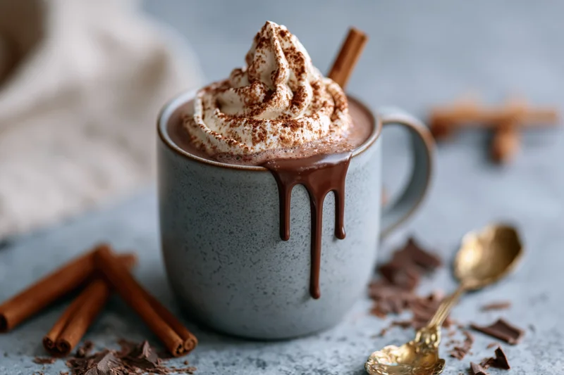 Grey ceramic mug of hot chocolate with whipped cream and chocolate drip on textured surface