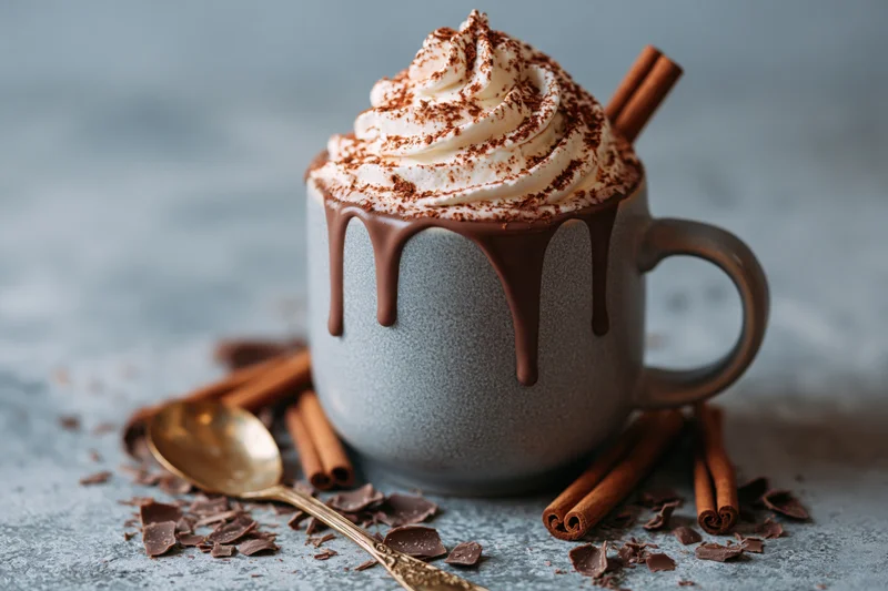 Grey ceramic mug of hot chocolate with whipped cream and chocolate drizzle on a textured surface surrounded by cinnamon sticks and chocolate pieces