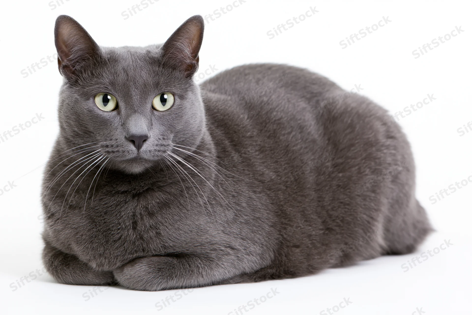 Grey short-haired cat lying in relaxed loaf pose on white background