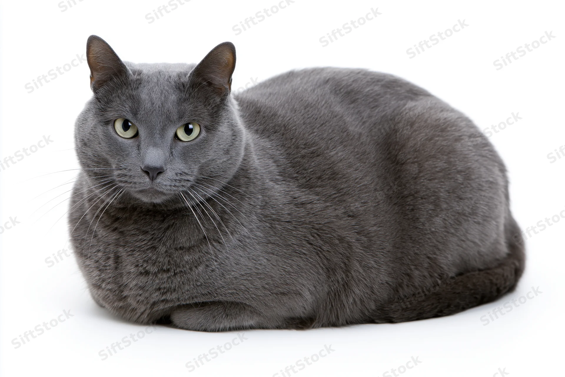 Grey cat in loaf pose on white background