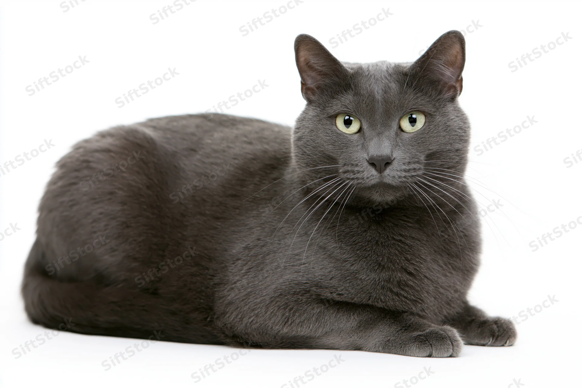 Grey short-haired cat lying in relaxed loaf pose on white background