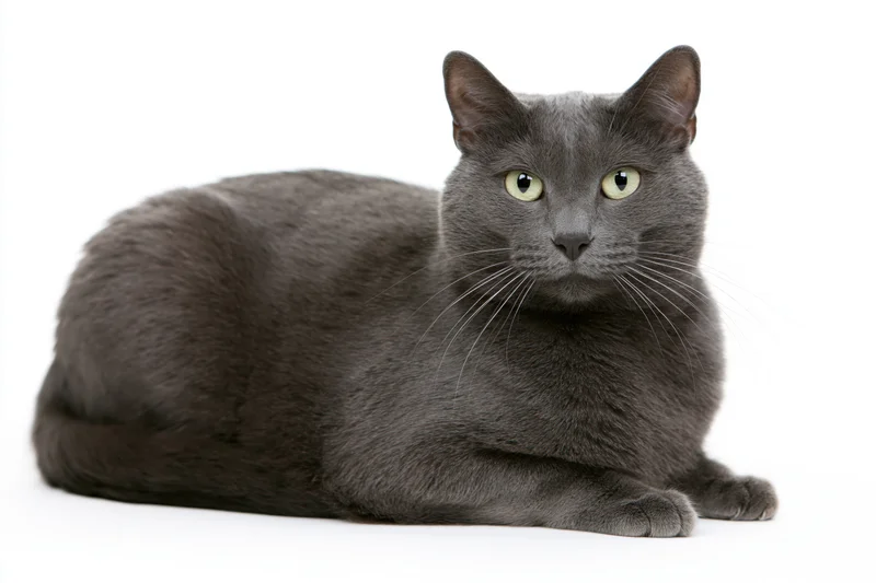 Grey short-haired cat lying in relaxed loaf pose on white background