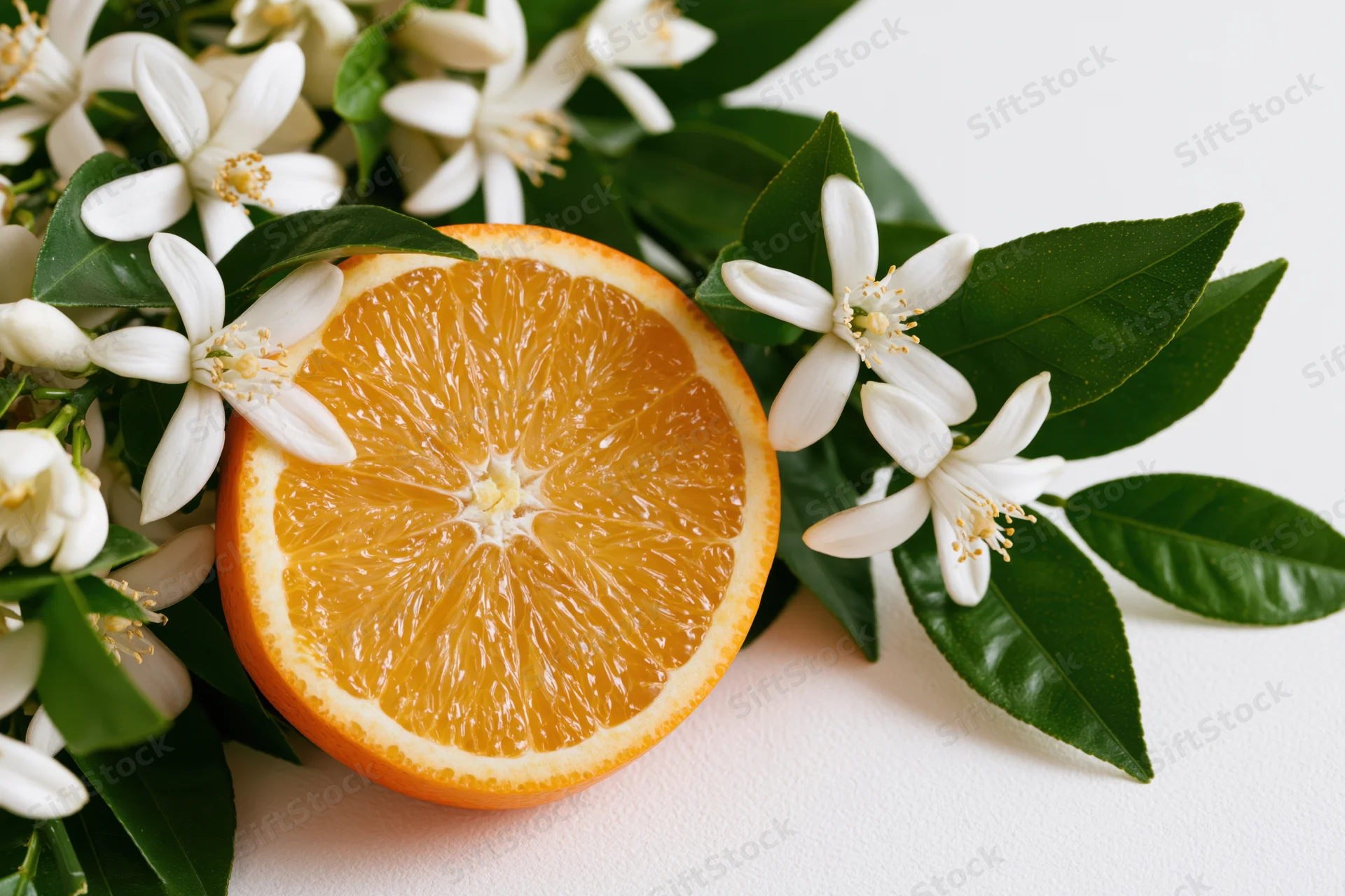 Halved orange slice surrounded by orange blossoms and green leaves on a white surface