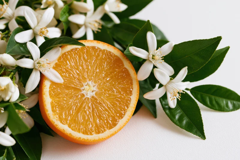 Halved orange slice surrounded by orange blossoms and green leaves on a white surface