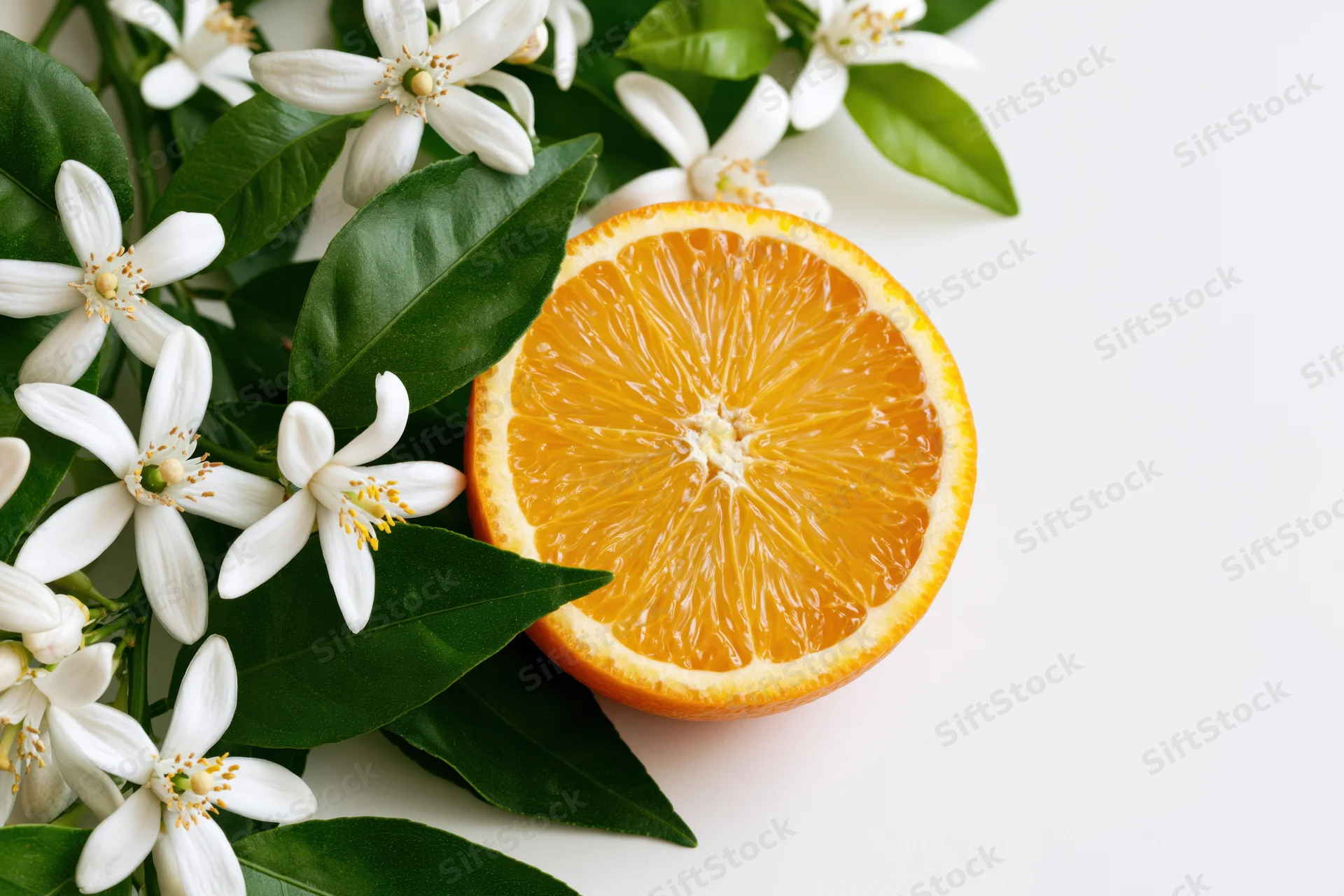 Halved orange slice with orange blossoms and green leaves on white surface