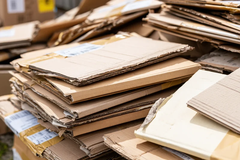 Flattened cardboard boxes stacked in a pile outdoors under sunlight