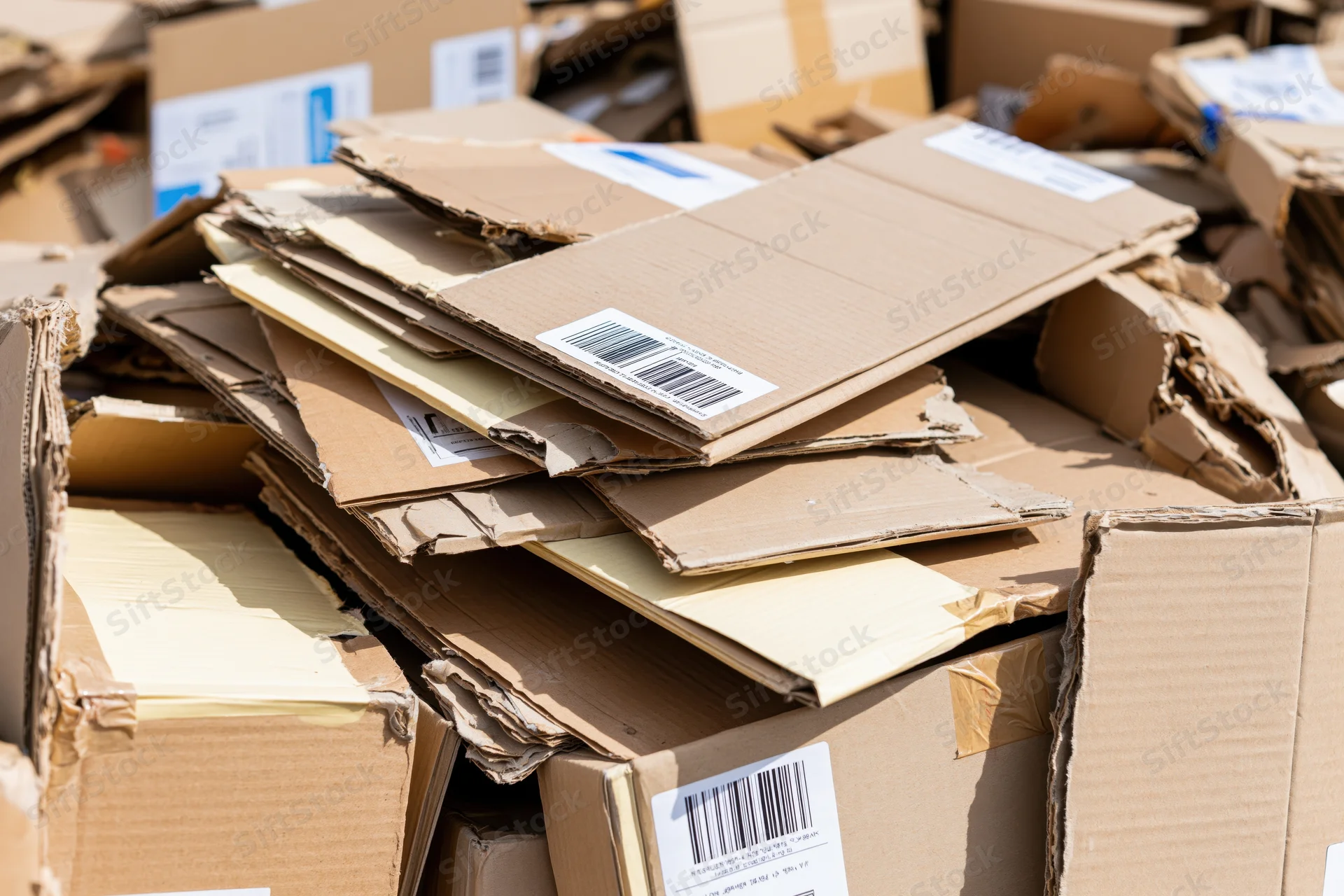 Flattened cardboard boxes piled outdoors in sunlight