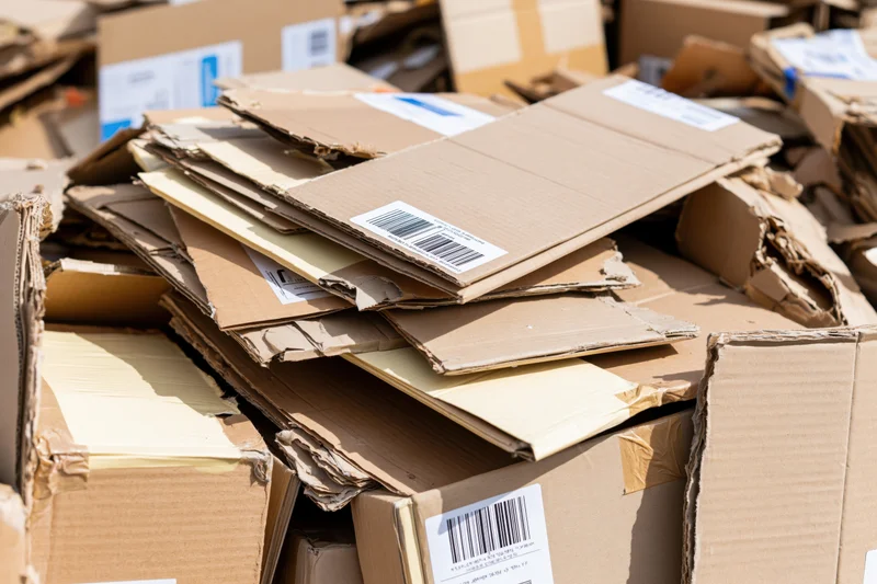 Flattened cardboard boxes piled outdoors in sunlight