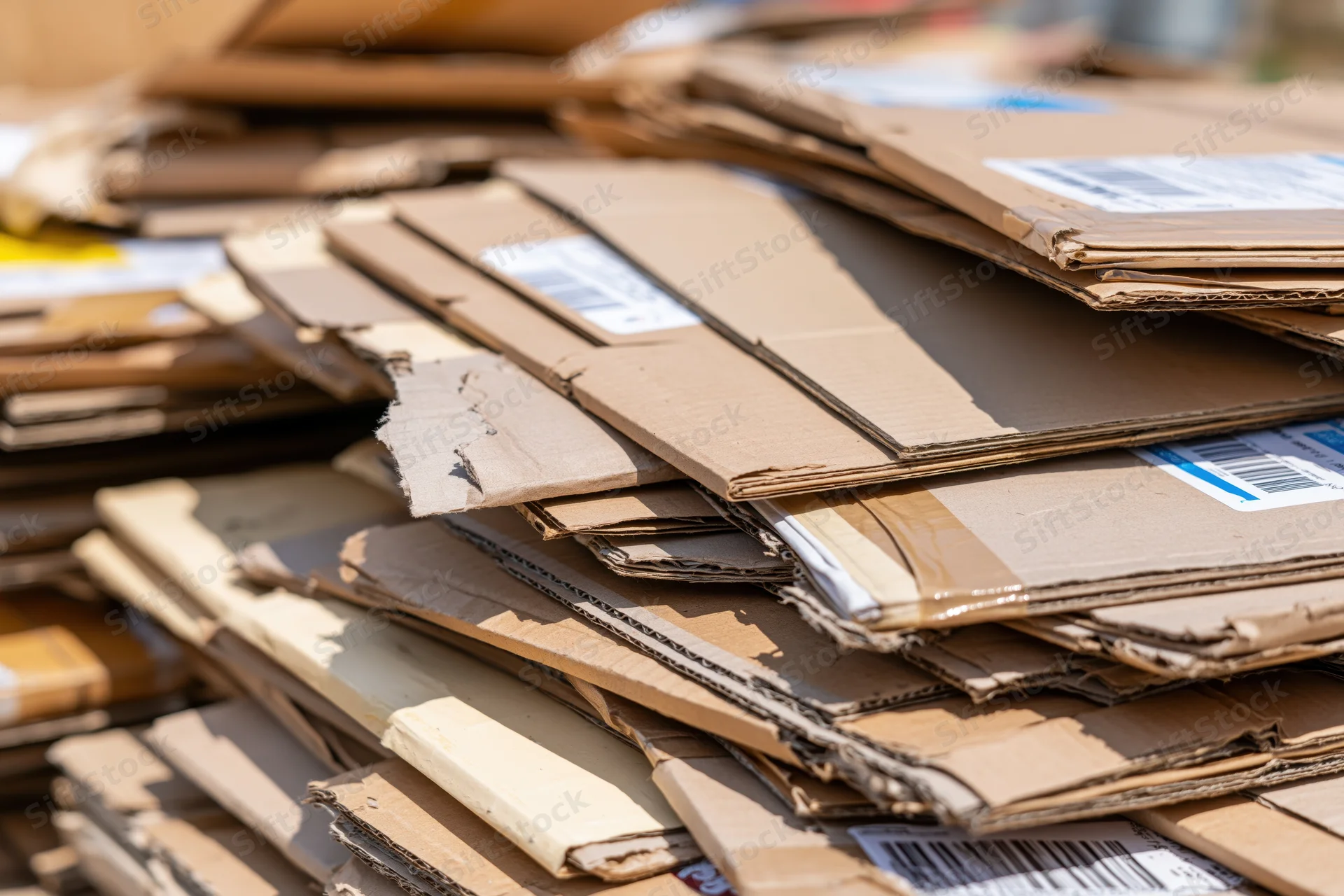 Flattened cardboard boxes stacked in a pile outdoors under sunlight