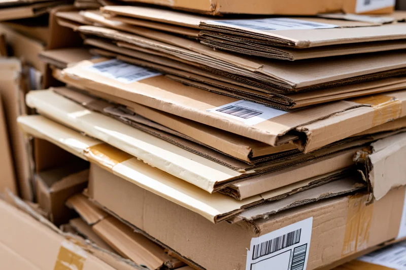 Flattened cardboard boxes stacked in a pile for recycling or disposal
