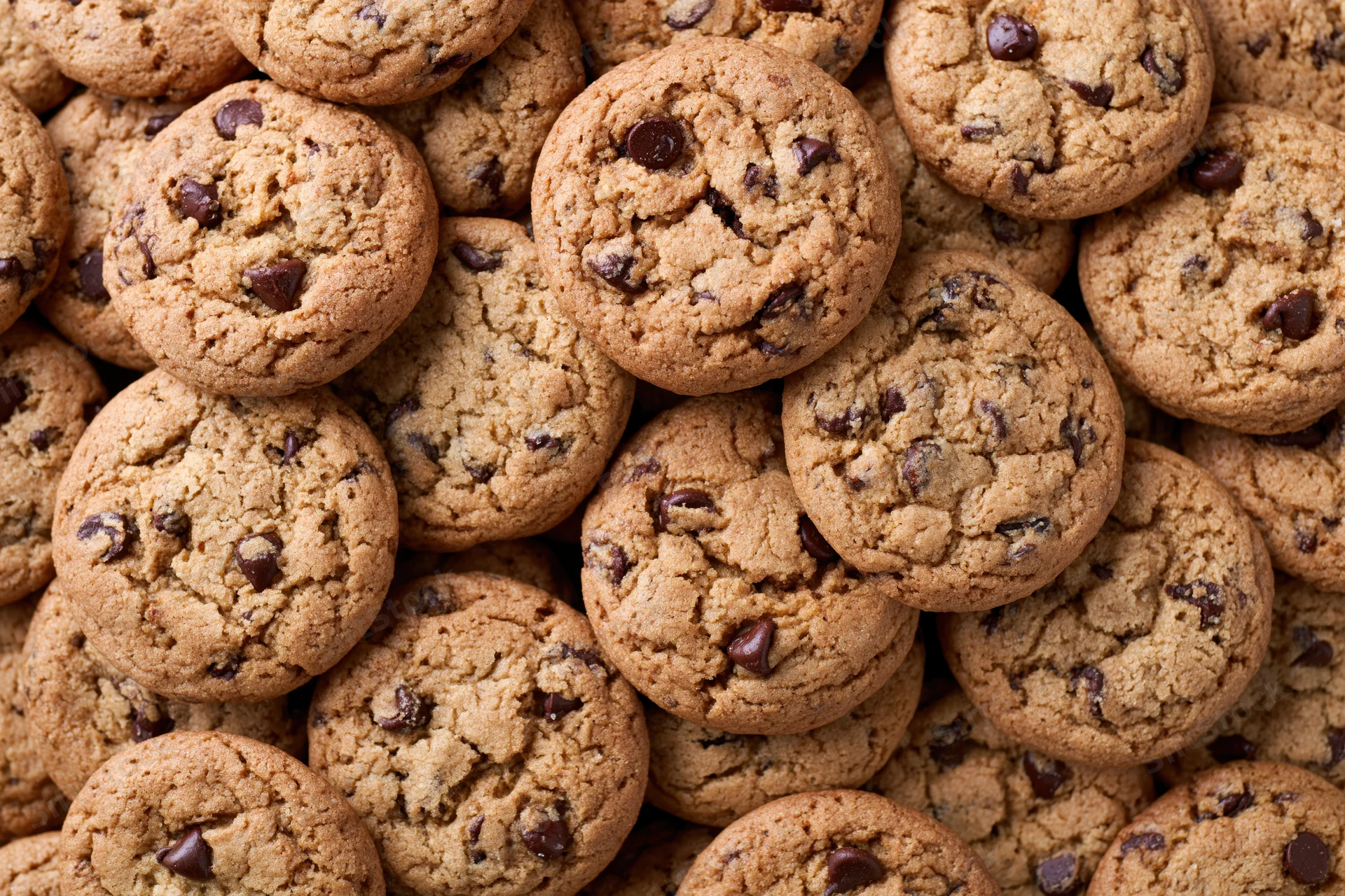 Closeup of a pile of freshly baked chocolate chip cookies stacked together