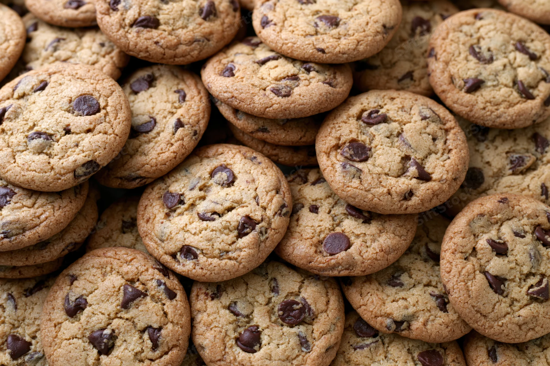 Closeup of a pile of freshly baked chocolate chip cookies stacked together