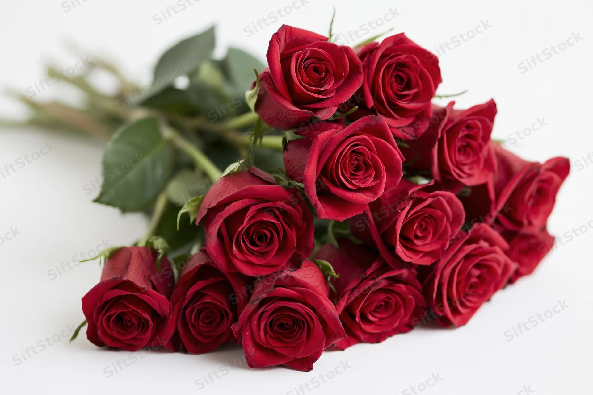 Loose bouquet of red roses with green stems and leaves laid flat on white background