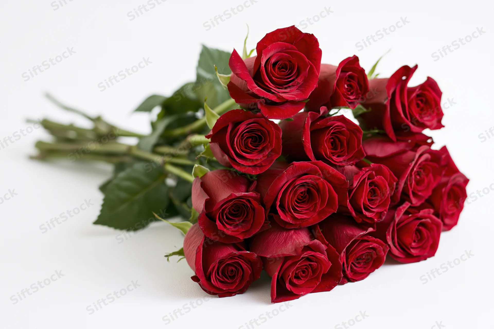 A loose bouquet of red roses with green stems and leaves laid flat on a white surface