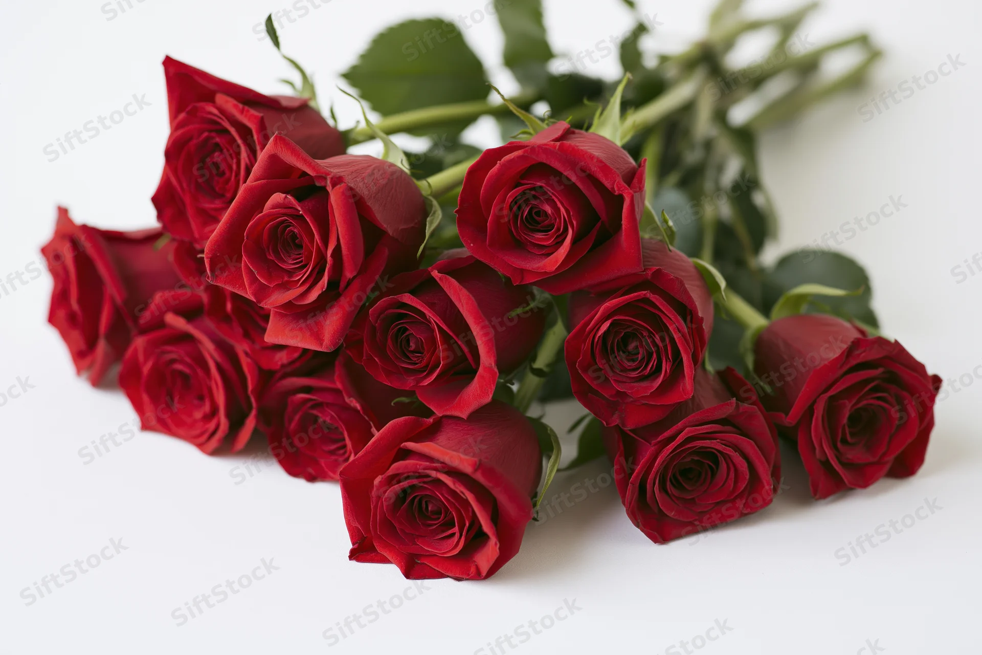 Loose bouquet of red roses with green stems and leaves laid flat on white surface