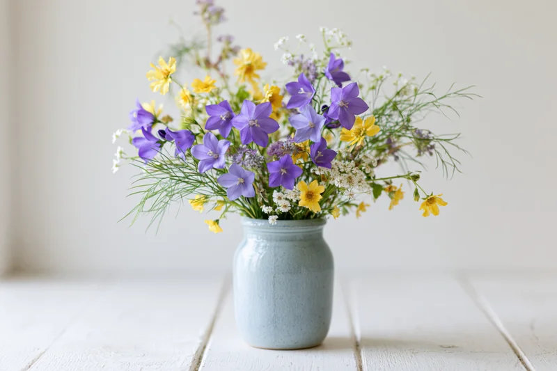 Loose bouquet of purple bellflowers and yellow wildflowers in a blue ceramic vase on a white wooden surface