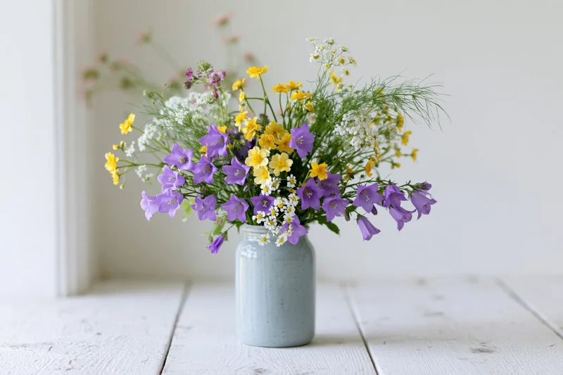 Loose bouquet of purple bellflowers, yellow and white wildflowers in a ceramic vase on a white wooden table