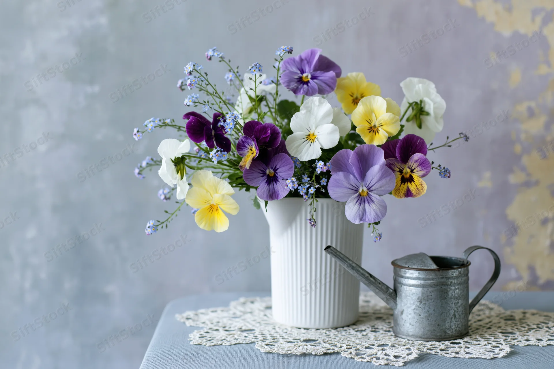 A loose bouquet of purple white and yellow viola pansies in a white ribbed vase on a table with a lace doily and a metal watering can