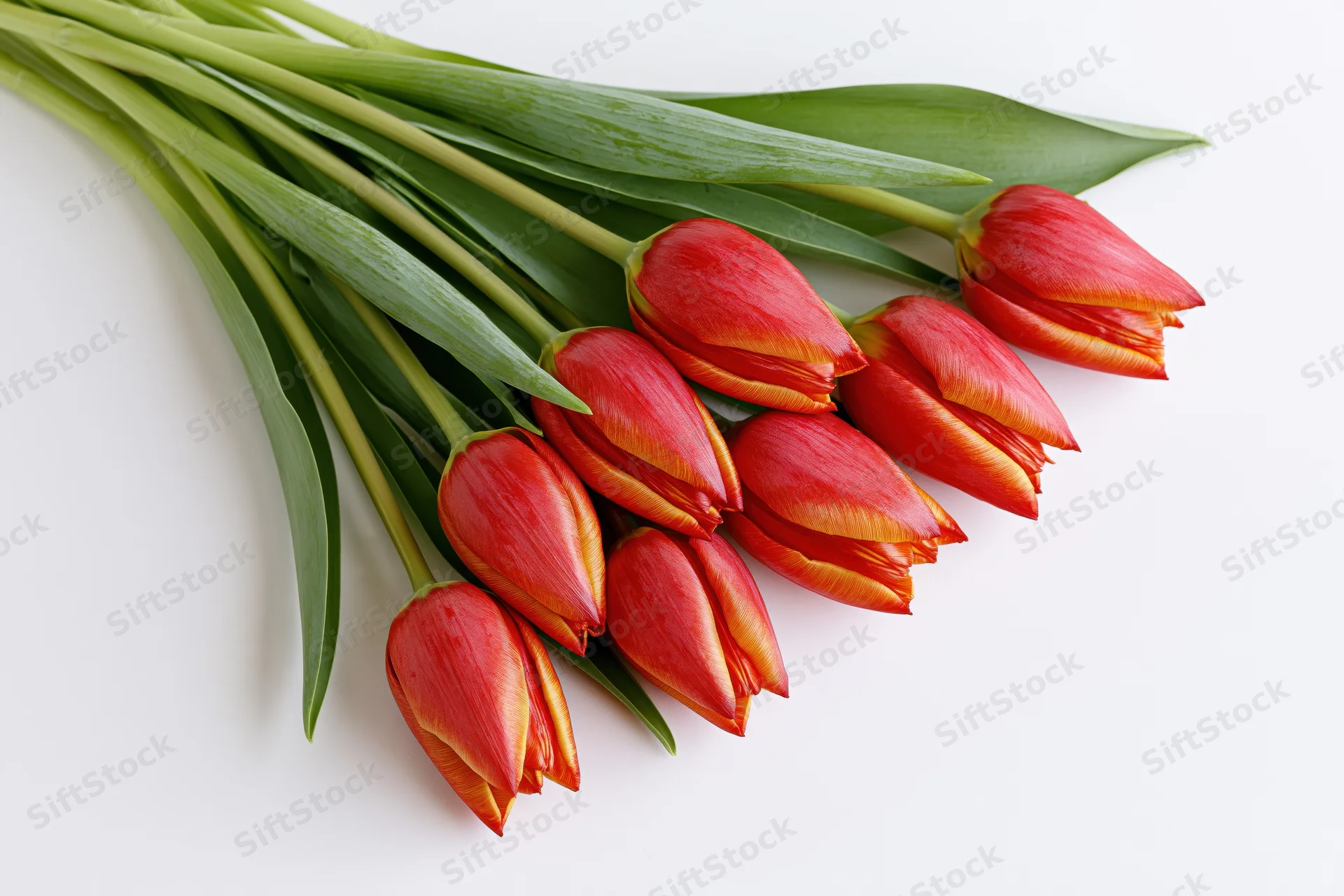 A loose bundle of red tulips with yellow-edged petals arranged on a white surface