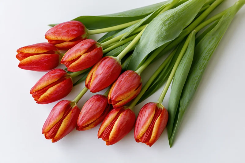 A loose bundle of red tulips with yellow-edged petals lying on a white surface