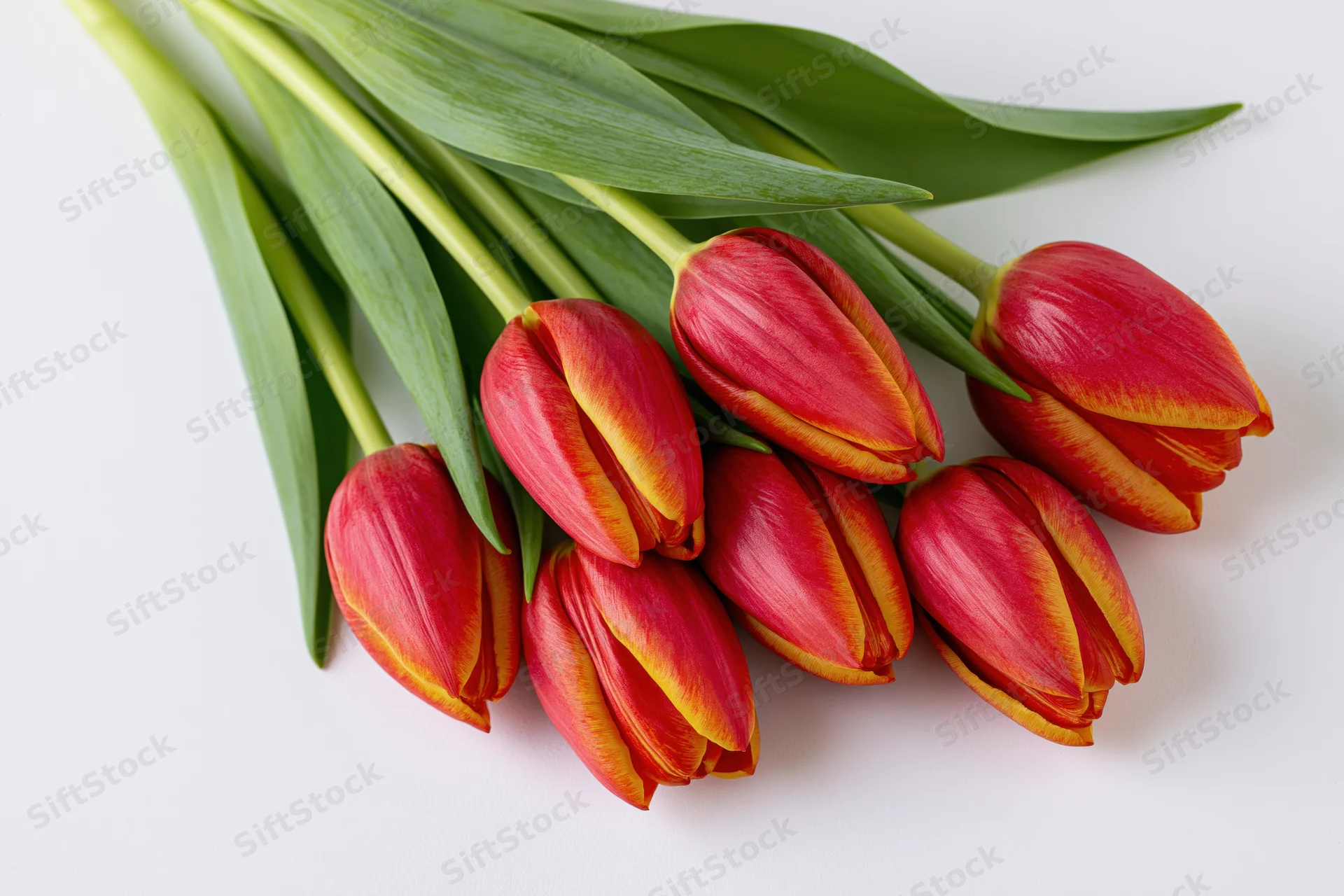 A loose bundle of eight red tulips with yellow-edged petals lying on a white surface