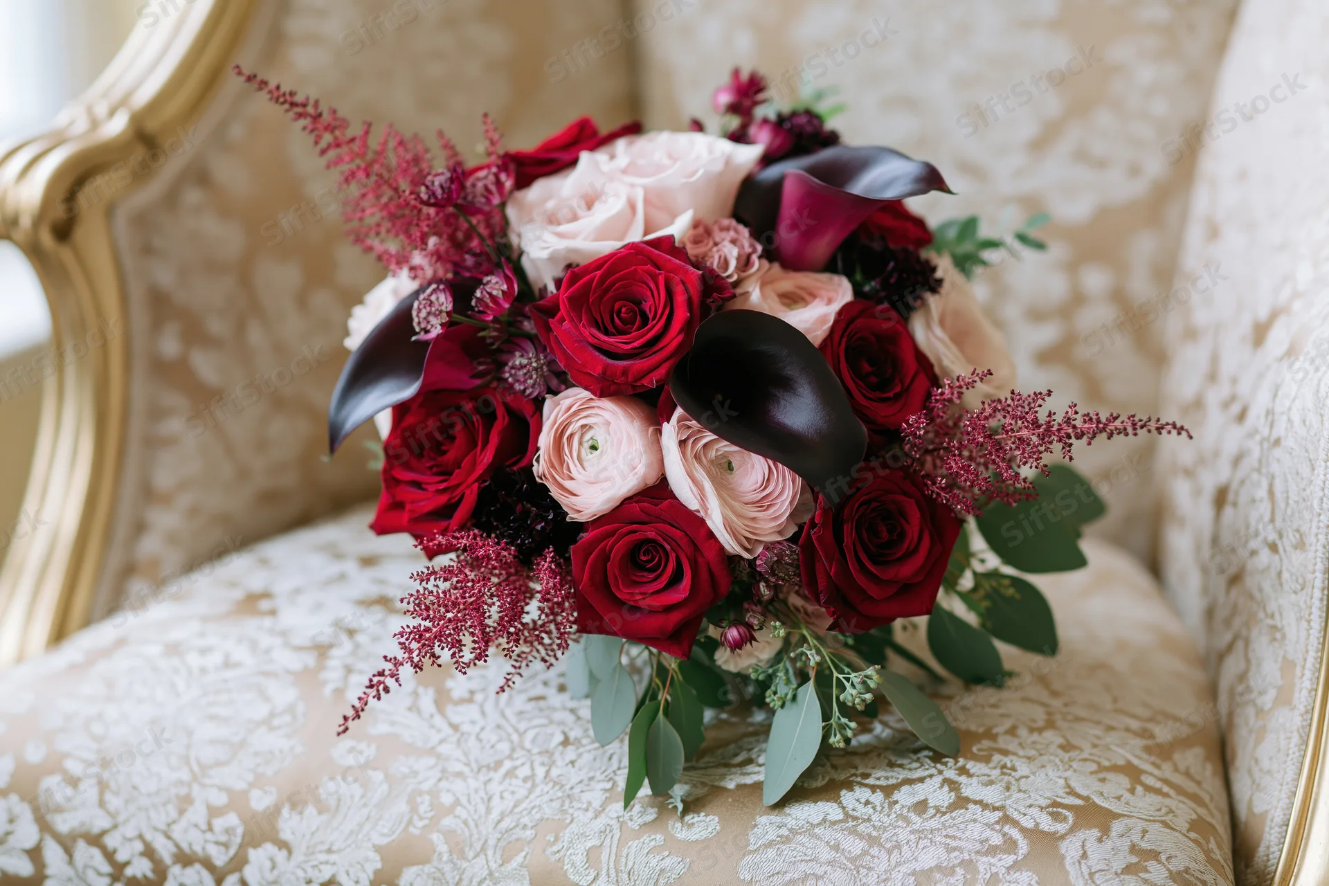 Bridal bouquet with red and pink roses and calla lilies resting on ornate cream and gold upholstered chair