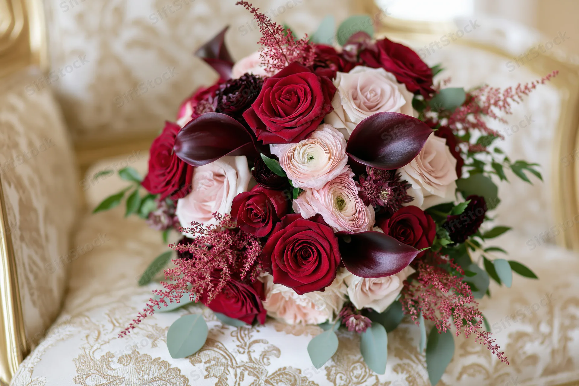 Bridal bouquet with red and pink roses and calla lilies resting on ornate cream and gold upholstered chair