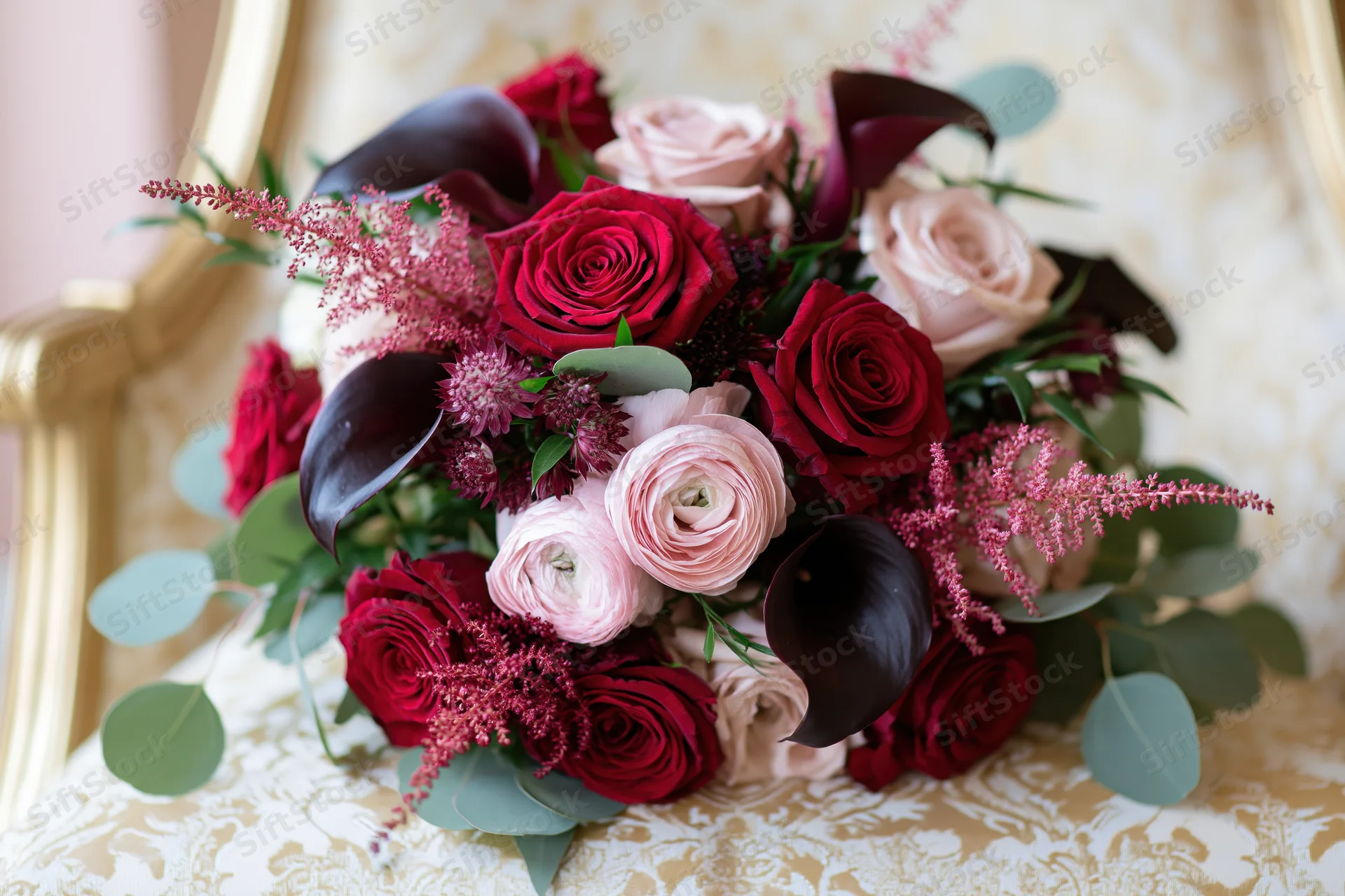 Bridal bouquet with red and pink roses and greenery resting on ornate cream and gold upholstered chair