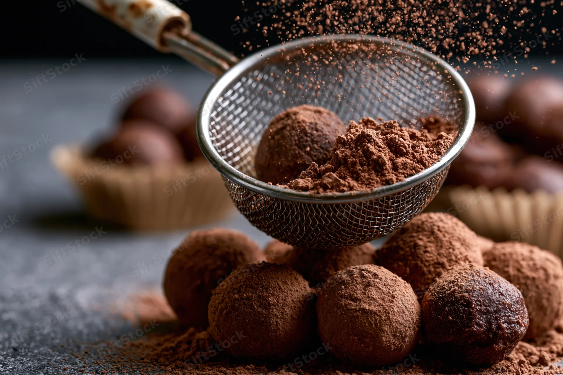 Cocoa powder being sifted over chocolate truffles on a dark surface