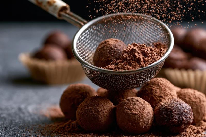 Cocoa powder being sifted over chocolate truffles on a dark surface