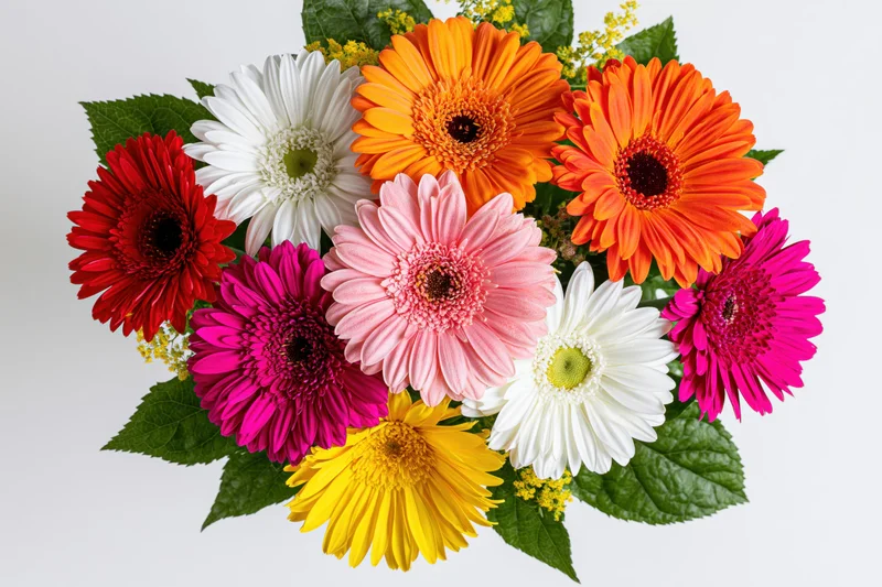 Colorful gerbera daisy bouquet arranged with green leaves on white background