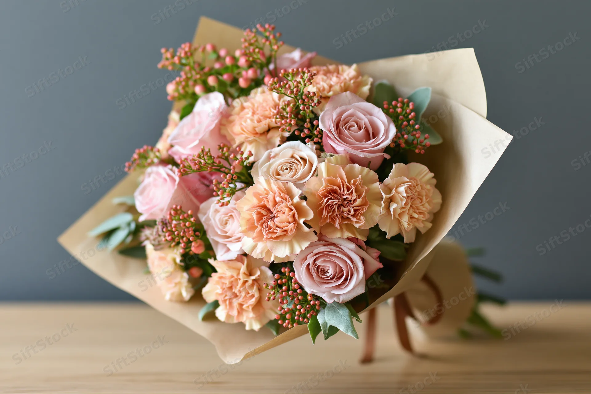 A bouquet of blush roses and peach carnations wrapped in kraft paper on a wooden table