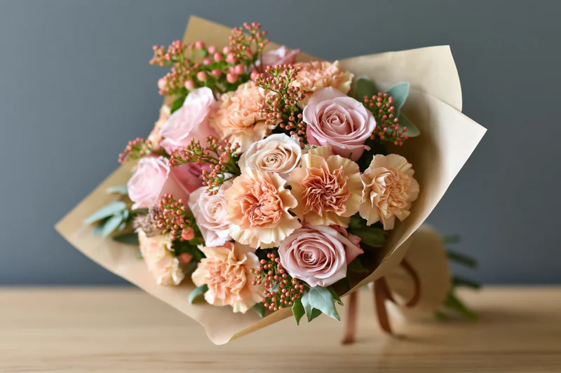 A bouquet of blush roses and peach carnations wrapped in kraft paper on a wooden table