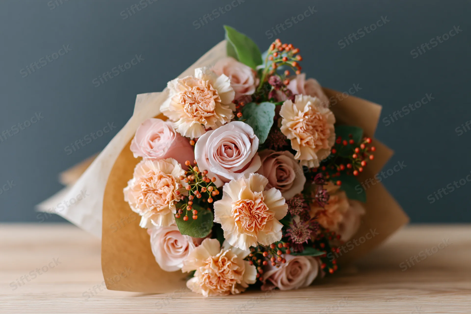 A bouquet of blush roses and peach carnations wrapped in brown paper on a wooden table