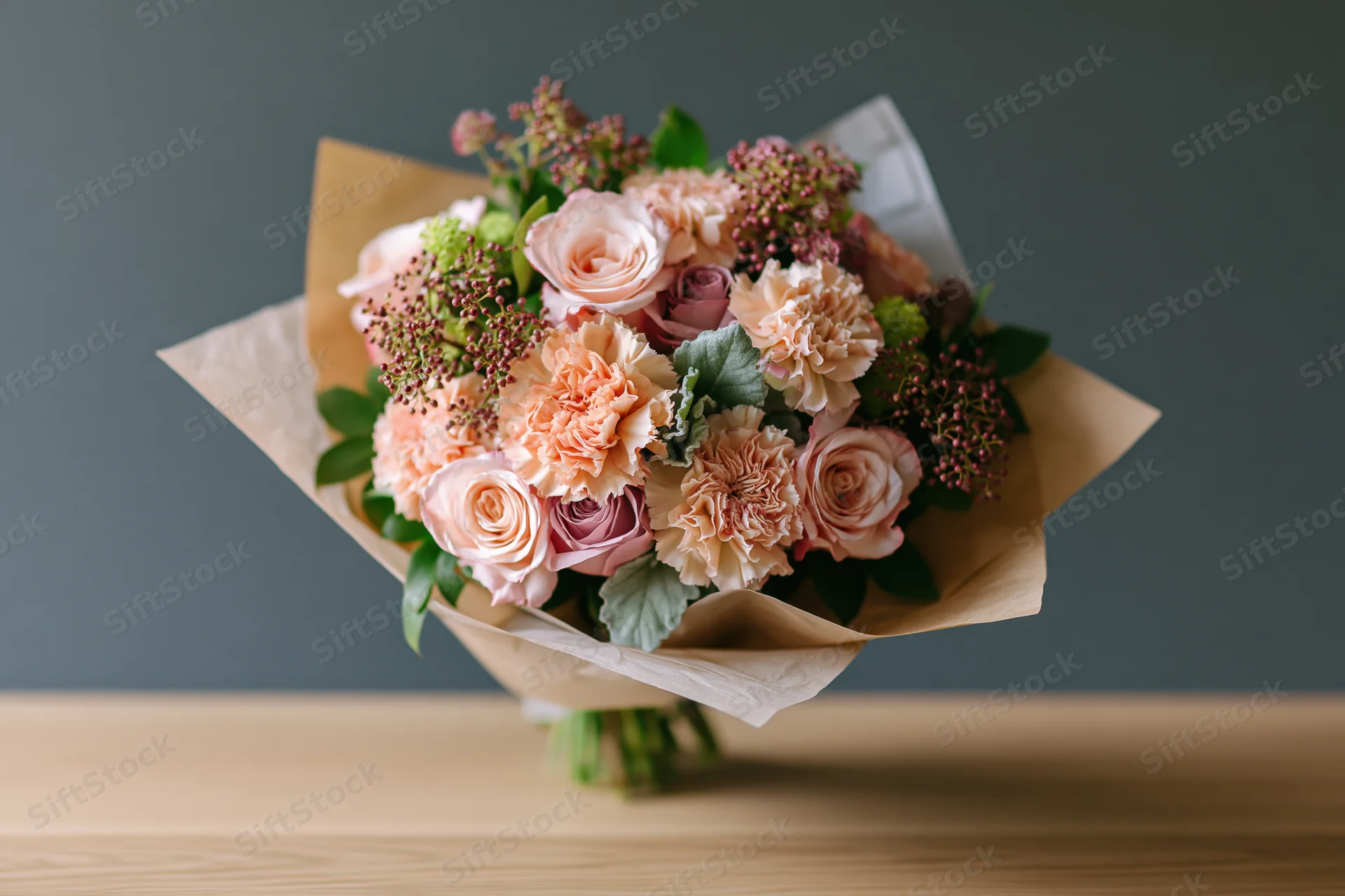 Mixed bouquet of blush roses and peach carnations wrapped in kraft paper on wooden table