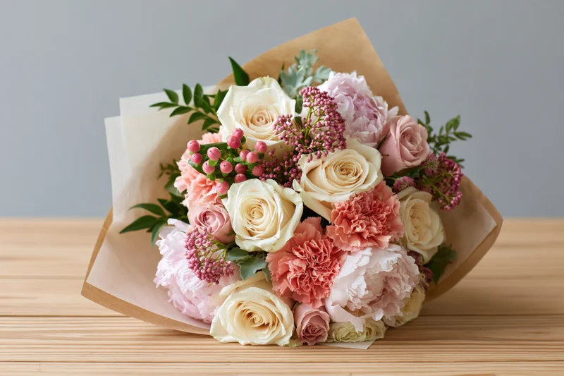 Mixed bouquet of cream roses, blush pink peonies and carnations wrapped in kraft paper on wooden table