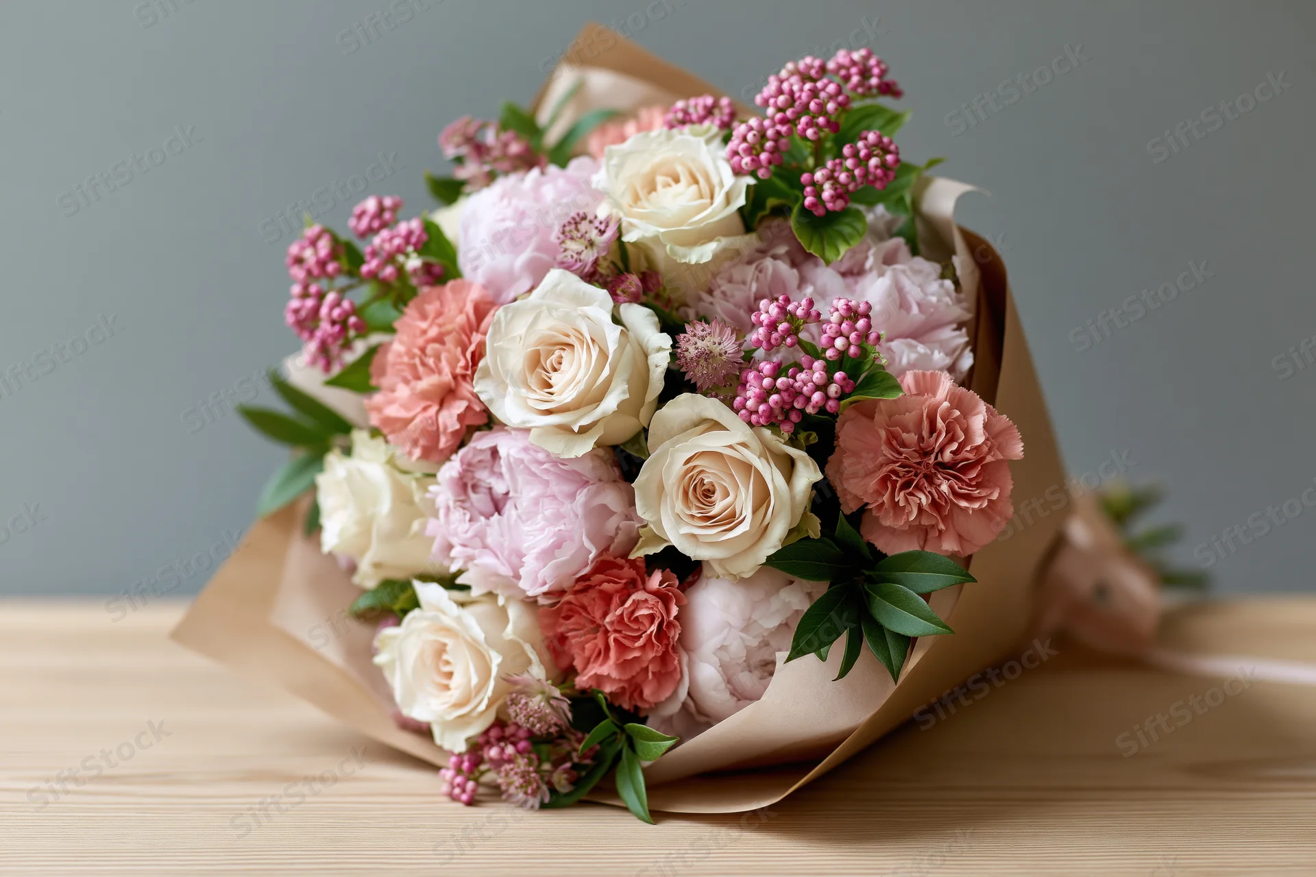 Mixed bouquet of cream roses, blush pink peonies and carnations wrapped in brown paper on wooden table