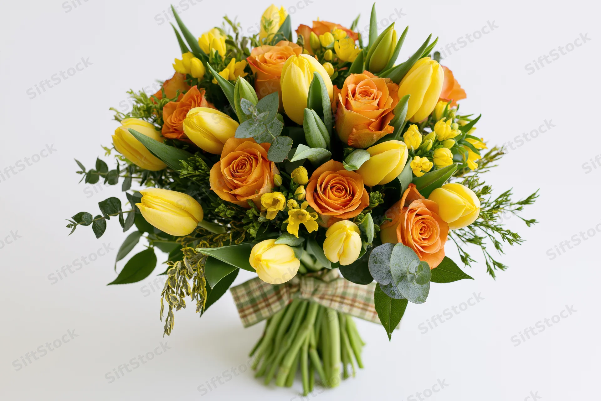 A mixed bouquet of yellow tulips and orange roses with greenery tied with a plaid ribbon on a white background