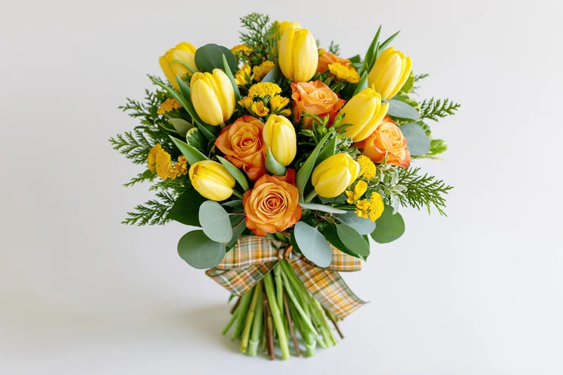 A mixed bouquet of yellow tulips and orange roses with green foliage tied with a plaid ribbon on a white background