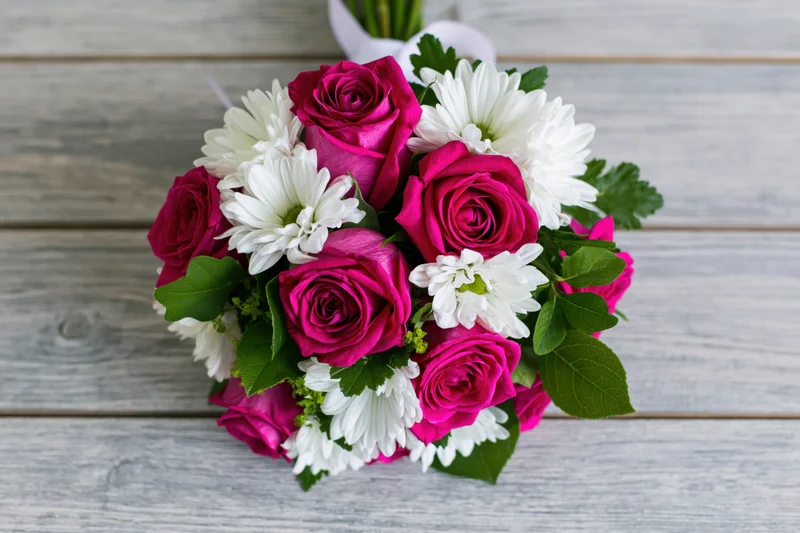 Rose Bouquet on Weathered Wood Table with White Chrysanthemu