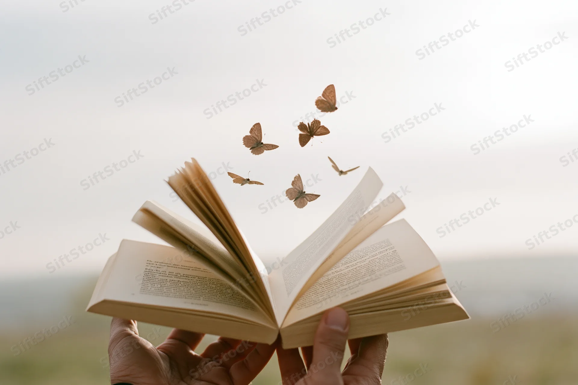 Hands holding open book with butterflies flying from pages outdoors