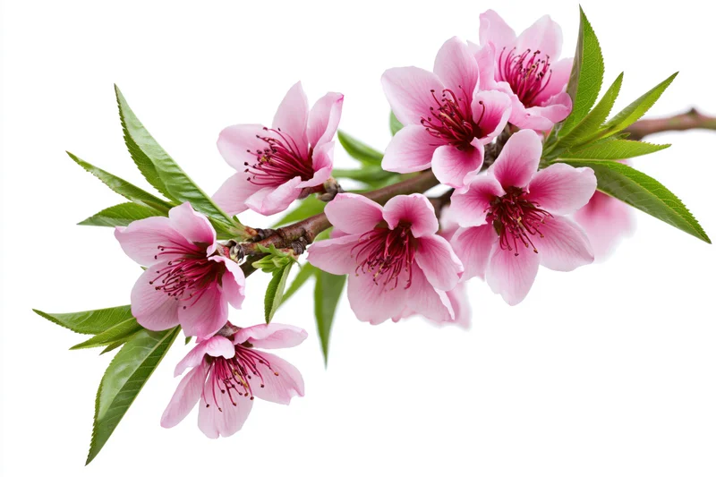 Peach blossom branch with open pink flowers and green leaves on white background