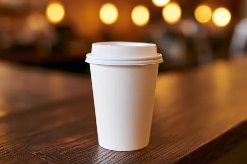 White paper coffee cup with plastic lid on wooden counter in cafe setting