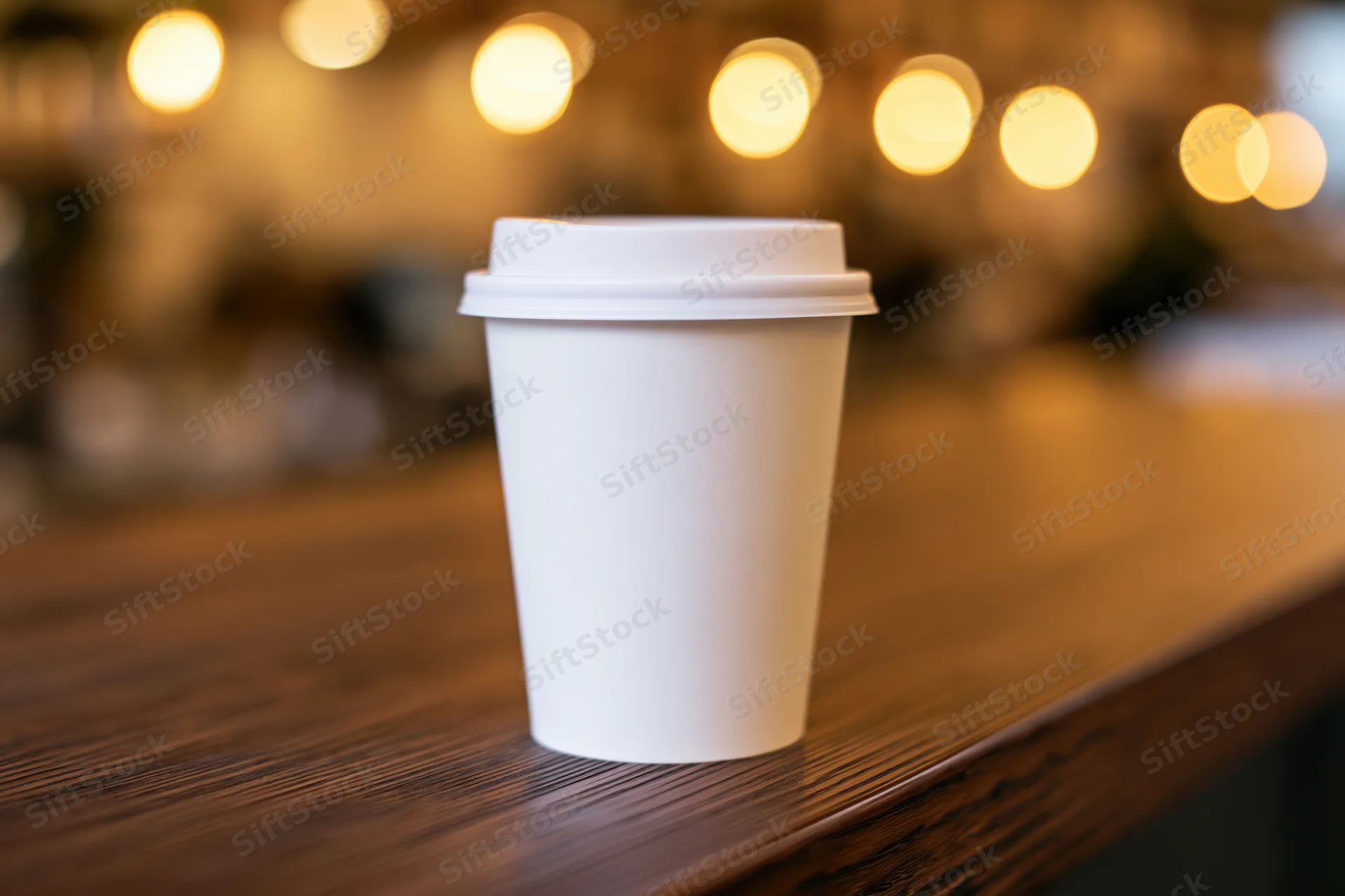 White paper coffee cup on wooden counter in cafe with blurred lights in background